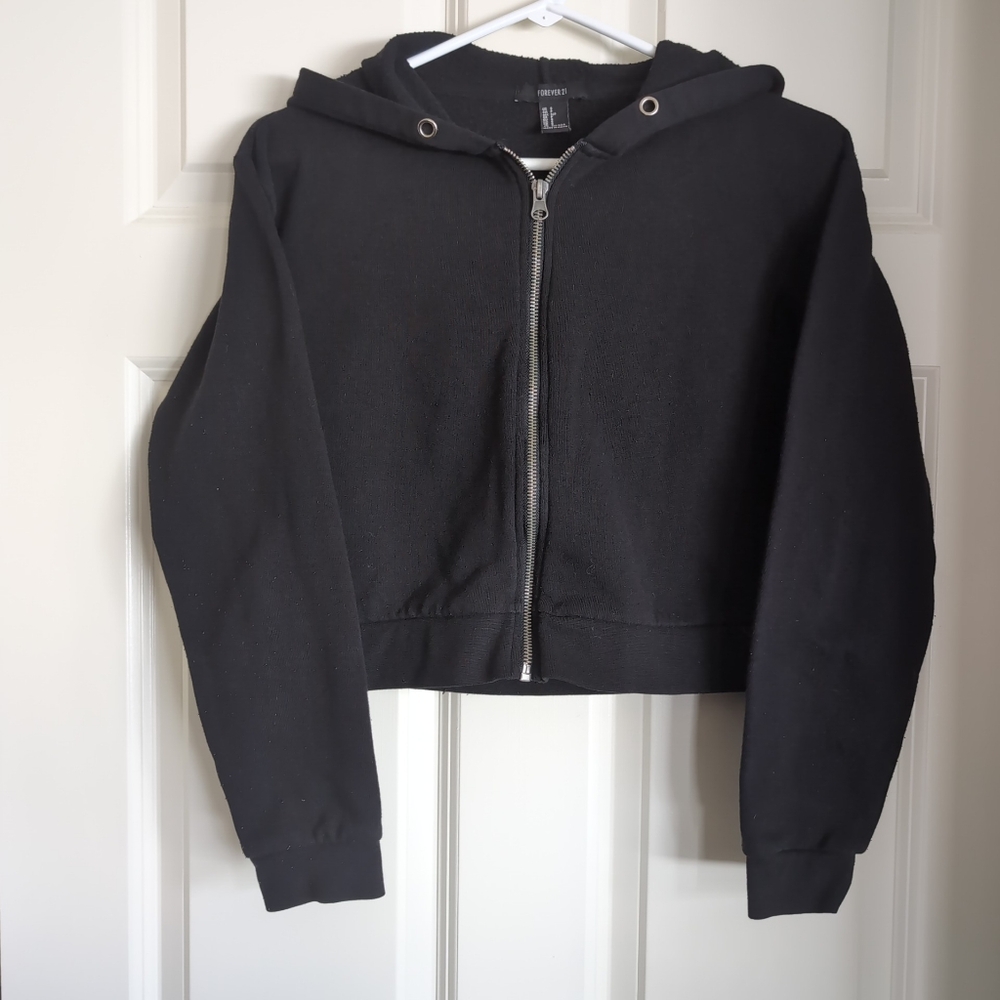 Black cropped zip up hoodie with silver zipper and optional white drawstring